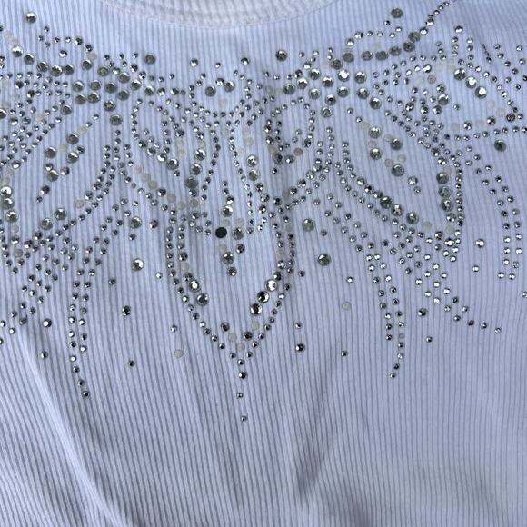 ACESS, white with beading, scoop neck ribbed tank top women's size M - Picture 3 of 6
